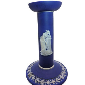 1877 WEDGWOOD DARK BLUE CANDLESTICK W/GREEK MOTIFS 6" TALL JASPERWARE DIPPED